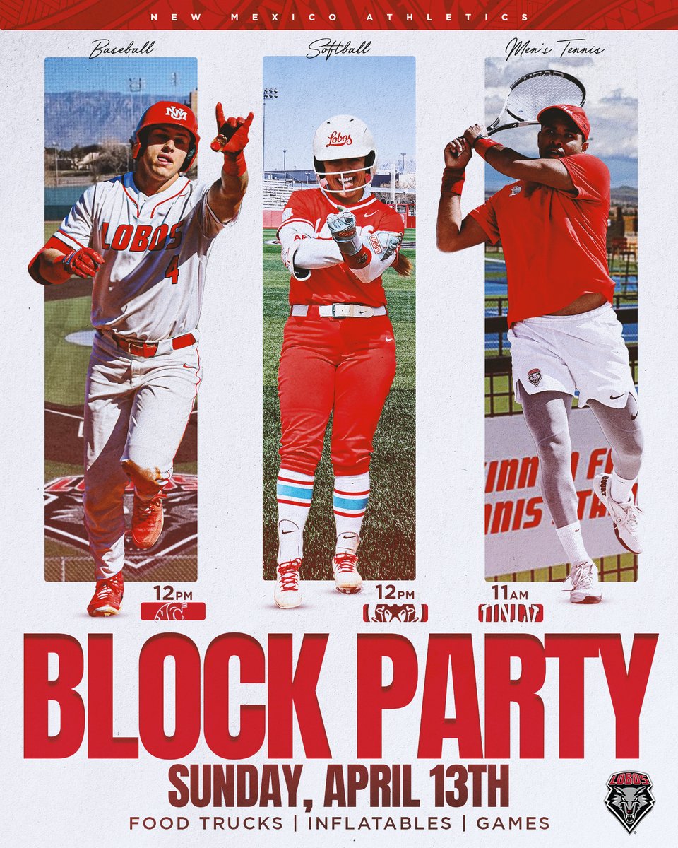 Get Ready for a Grand Slam of Fun! Join us on Sunday, April 13th at 11 am for a Lobo Athletics Block Party. A celebration of Men’s Tennis, Softball, and Baseball you won’t want to miss! You can purchase tickets here loom.ly/S4ZBpxQ. Kids 12 and Under will get in FREE!