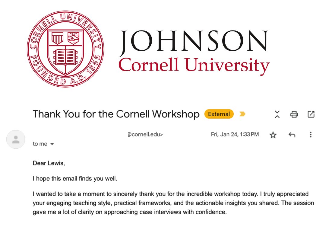 Grateful for the positive feedback from Cornell after my recent interview workshop.

Interested in having me lead interview prep at your school? Inquire with your career center or student clubs!