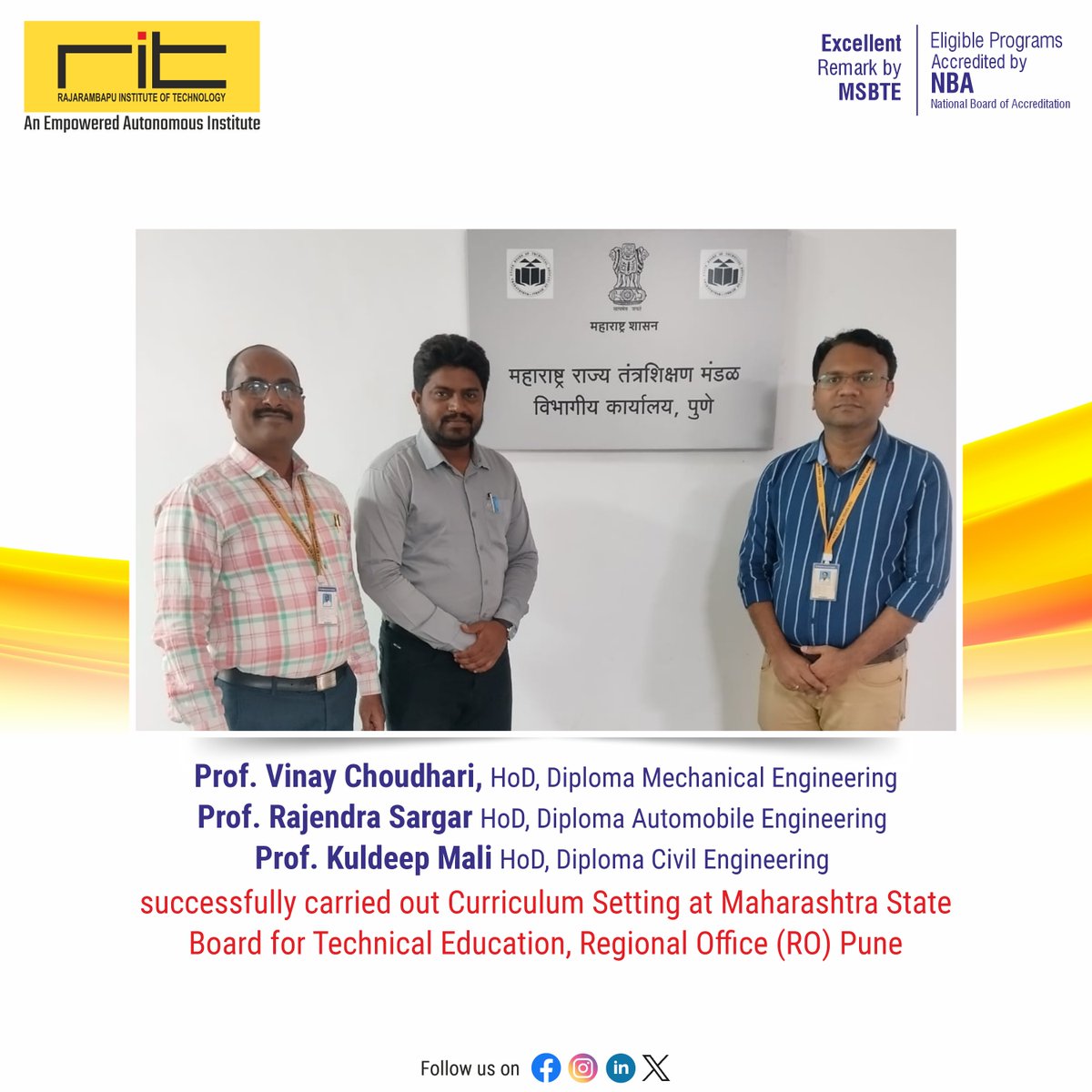 ritindia1983's tweet image. Shaping the Future of Education:  The Sixth Semester Curriculum Setting at MSBTE, Pune, successfully carried out by Prof. Vinay Choudhari, Prof. Rajendra Sargar, and Prof. Kuldeep Mali.
#MSBTE #CurriculumDevelopment #EducationMatters #AcademicExcellence #TechnicalEducation #Pune