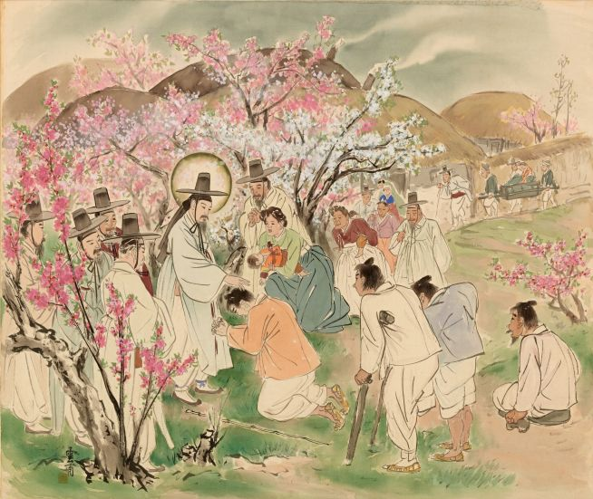 Jesus among the blossoms, healing the sick. The artist is Kim Ki-Chang, a Korean Catholic painter.
