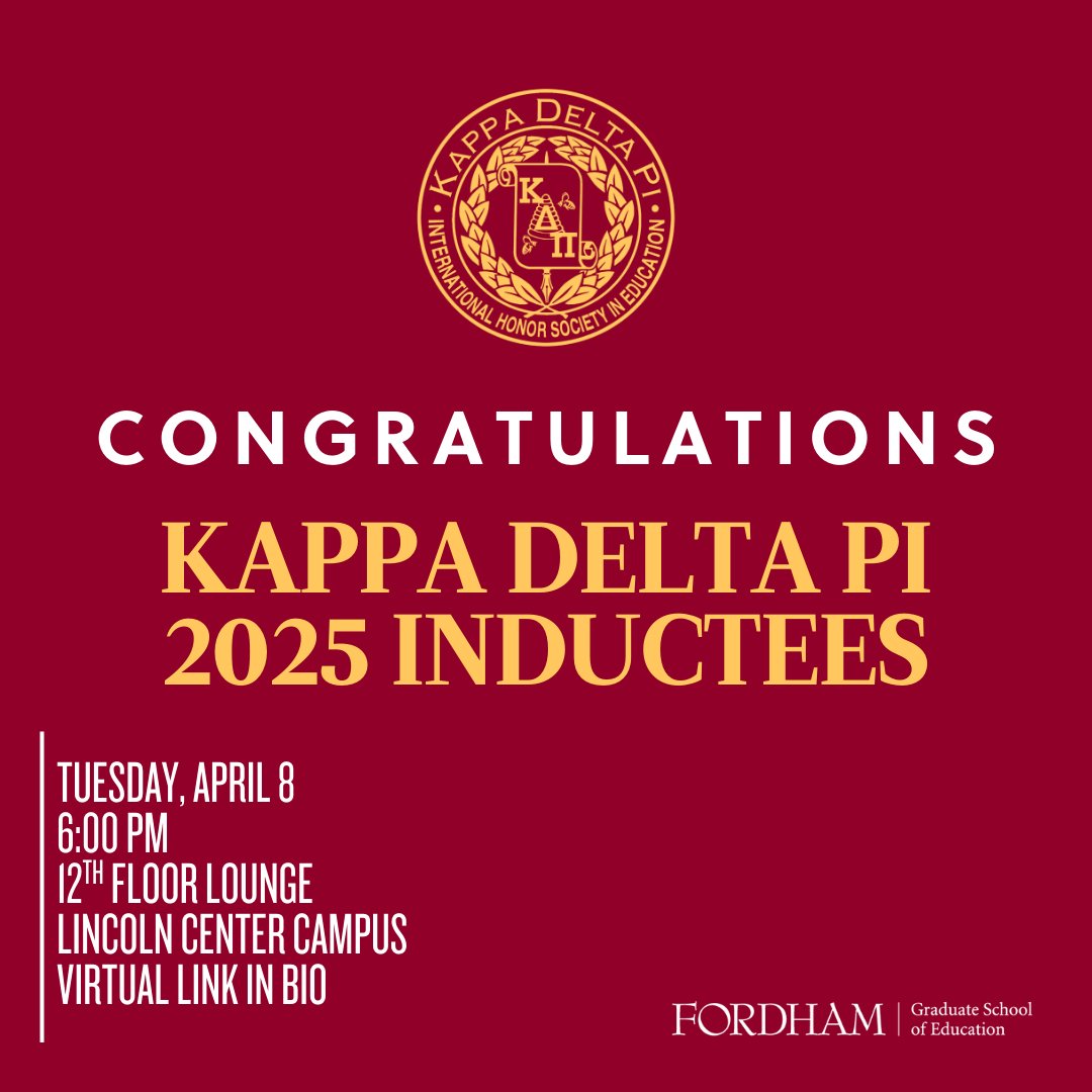 🎉✨ Join us in celebrating the induction of the 2025 Kappa Delta Pi new members! ✨🎉
On April 8, 2025, we welcome a new cohort of scholars into Kappa Delta Pi, International Honor Society in Education
📍 Fordham GSE
📅 April 8, 2025
 💜🎓 #KappaDeltaPi #FordhamGSE