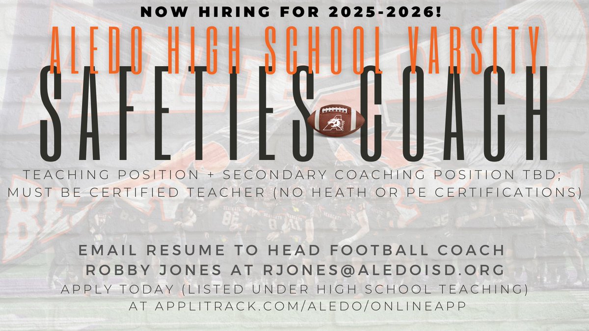 AledoFootball (@aledohfc) on Twitter photo 12-time State Champs Aledo Bearcats are looking for a varsity safeties coach! Teaching position and secondary coaching position are TBD; MUST be a certified teacher (no health or PE). Apply today and email resume to head coach Robby Jones at rjones@aledoisd.org. 12-time State Champs Aledo Bearcats are looking for a varsity safeties coach! Teaching position and secondary coaching position are TBD; MUST be a certified teacher (no health or PE). Apply today and email resume to head coach Robby Jones at rjones@aledoisd.org.