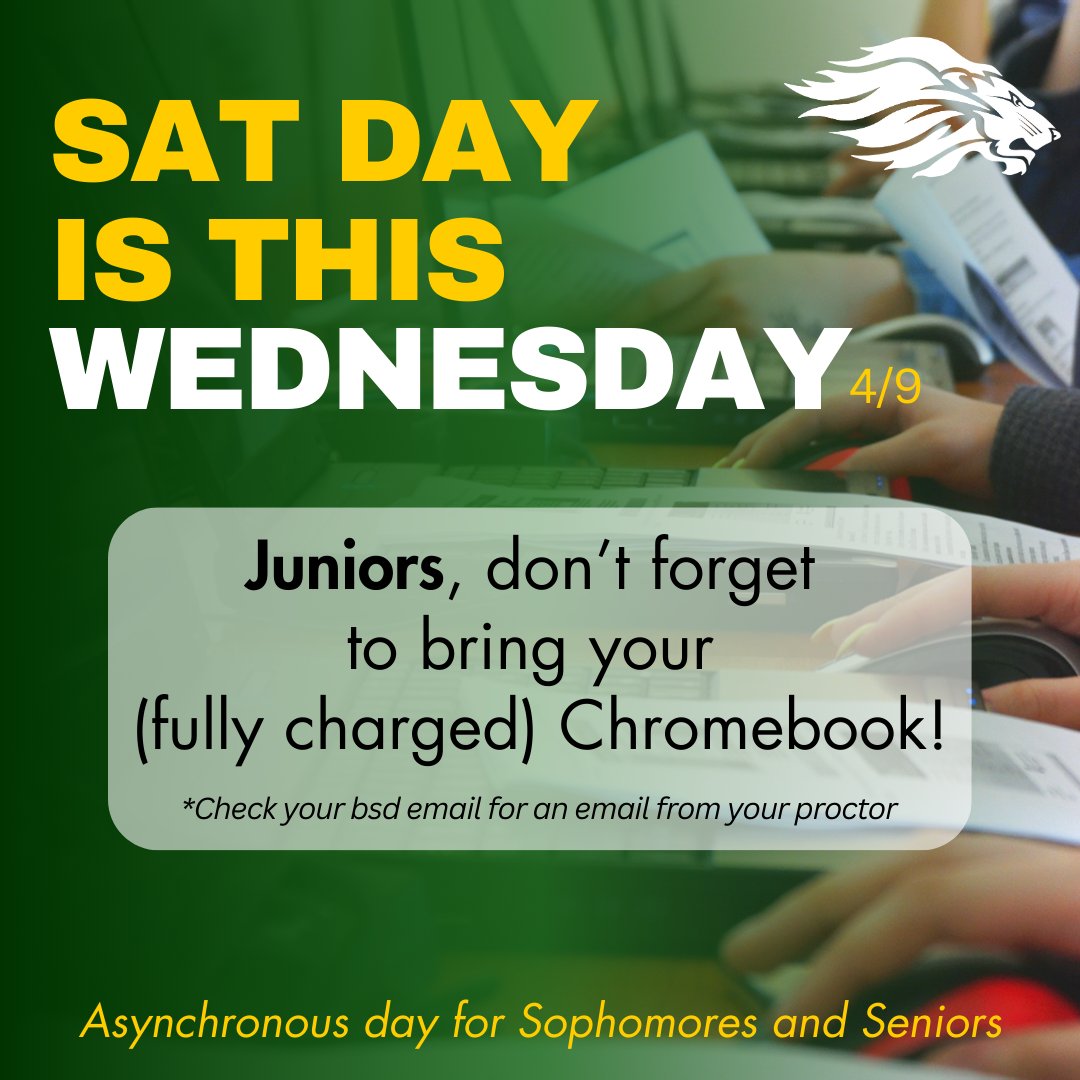 Juniors, don't forget SAT day is this Wednesday! 

*Sophomores and Seniors will have an asynchronous day.