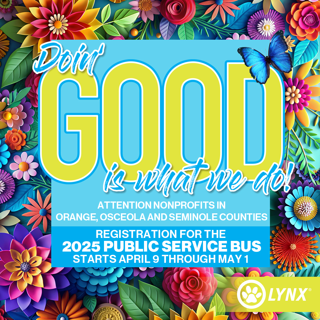 Attention Orlando Non-Profits! We are excited to offer you a chance to showcase your cause with free advertising space on the 2025-26 Public Service Bus! 

Registration opens April 9 – don’t miss out!

For more details, visit ow.ly/UJMT50VvYun