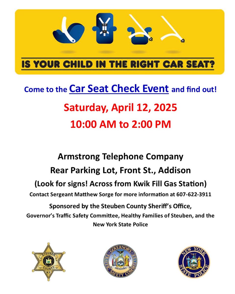 Join us THIS WEEKEND for our FREE Car Seat Check Event! 
📅 Saturday, April 12, 2025
⏰ 10:00 AM to 2:00 PM
📍 Armstrong's Addison, NY Local Store 
📞 Contact Sgt. Matthew Sorge for more info: 607-622-3911

#CarSeatSafety #FreeCarSeatCheck #ChildPassengerSafety #AddisonNY