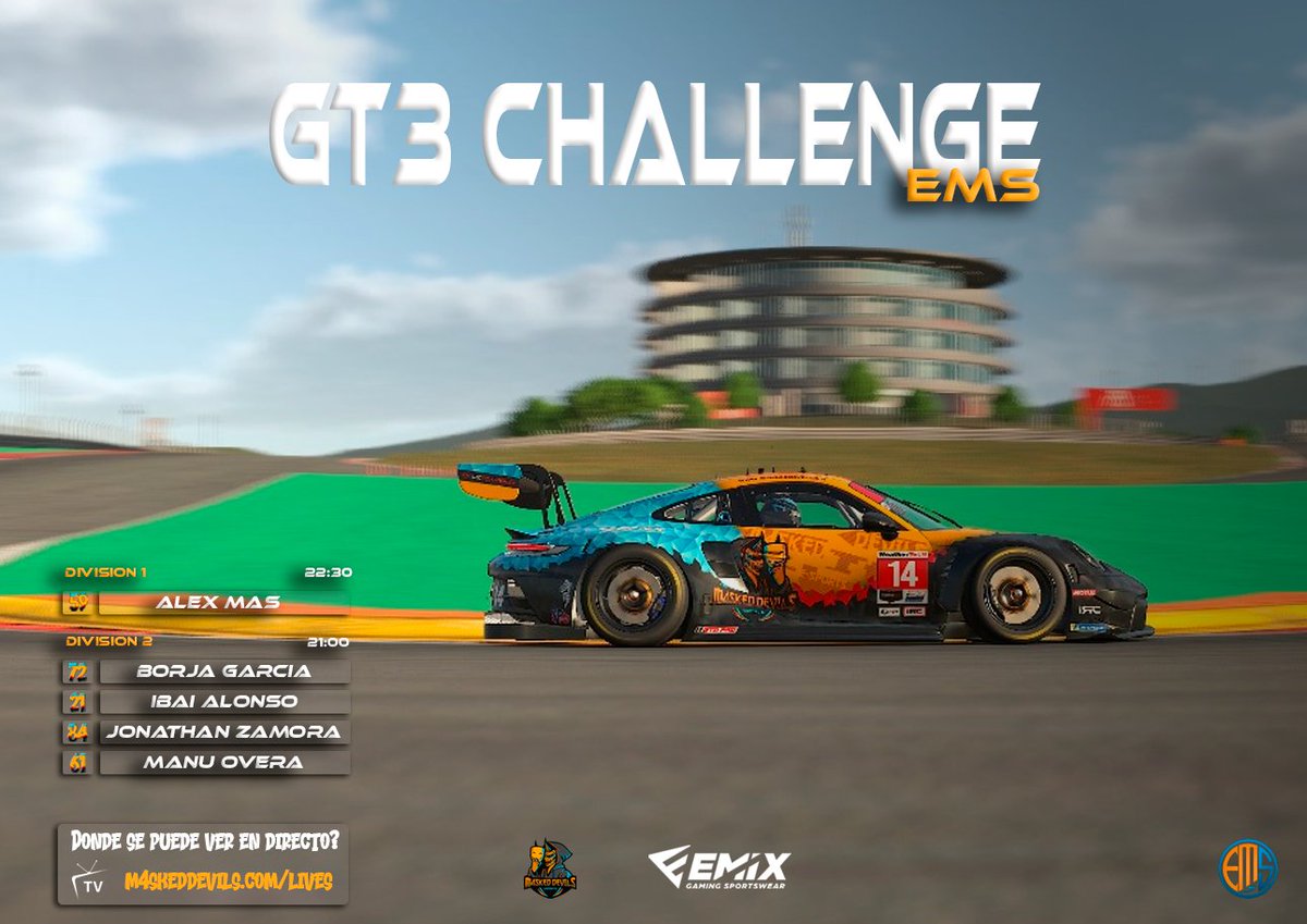 M4sked Devils eSports (@m4sked_devils) on Twitter photo #RaceDay
Ronda 2⃣ - Circuito de Algarve <a href="/EMS_iRacing/">European Master Series</a>
🔸Division 2
👤 <a href="/GartxiGR7/">Borja Garcia</a>
👤 <a href="/cactus_griego/">Cactus Griego</a>
👤 <a href="/BcnJoni/">JotaZetalive</a>
👤 <a href="/manu_overa/">Manu Overa</a>
⏰ 21:00
🔸 Division 1
👤 <a href="/Alex14SR/">Alex14SR</a>
⏰ 22:30
📺 m4skeddevils.com/lives (retransmisión oficial)
#GoDevils 😈 #RaceDay
Ronda 2⃣ - Circuito de Algarve <a href="/EMS_iRacing/">European Master Series</a>
🔸Division 2
👤 <a href="/GartxiGR7/">Borja Garcia</a>
👤 <a href="/cactus_griego/">Cactus Griego</a>
👤 <a href="/BcnJoni/">JotaZetalive</a>
👤 <a href="/manu_overa/">Manu Overa</a>
⏰ 21:00
🔸 Division 1
👤 <a href="/Alex14SR/">Alex14SR</a>
⏰ 22:30
📺 m4skeddevils.com/lives (retransmisión oficial)
#GoDevils 😈