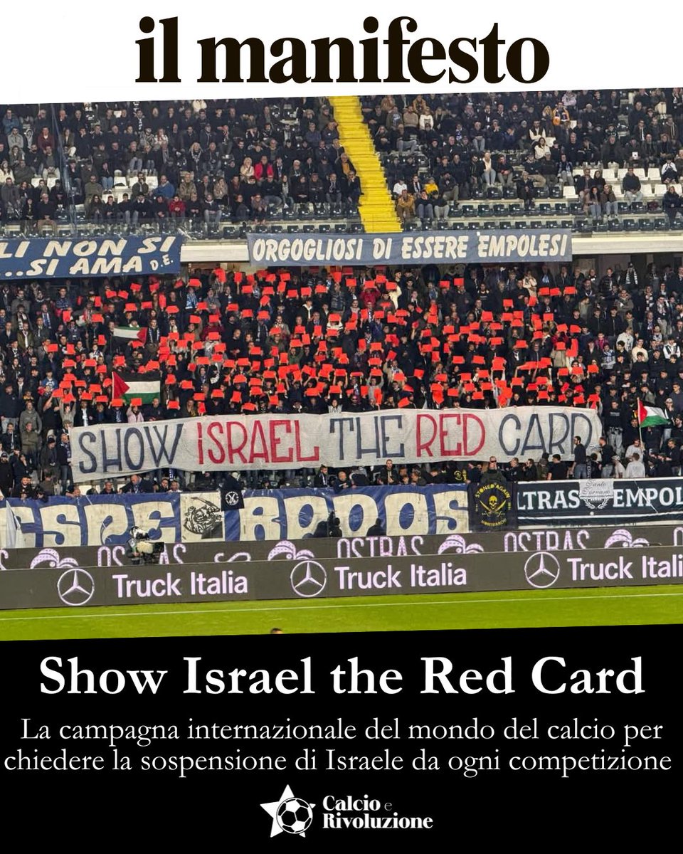 Calcio e Rivoluzione (@calcio_riv) on Twitter photo La "Green Brigade" del Celtic a metà febbraio ha lanciato una campagna internazionale di boicottaggio, "Show Israel the Red Card" per denunciare la complicità dell'IFA con l'occupazione e l'apartheid israeliana
Leggi tutto su <a href="/ilmanifesto/">il manifesto</a>
ilmanifesto.it/cartellino-ros… La "Green Brigade" del Celtic a metà febbraio ha lanciato una campagna internazionale di boicottaggio, "Show Israel the Red Card" per denunciare la complicità dell'IFA con l'occupazione e l'apartheid israeliana
Leggi tutto su <a href="/ilmanifesto/">il manifesto</a>
ilmanifesto.it/cartellino-ros…