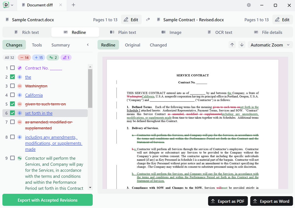 diffcheckerapp's tweet image. Attention legal professionals 🚨 We know how crucial it is to manage document edits and track revisions accurately. That’s why we’re excited to introduce new Redline functionality in Diffchecker for Windows - now you can review, accept, or reject Redlines with ease.…