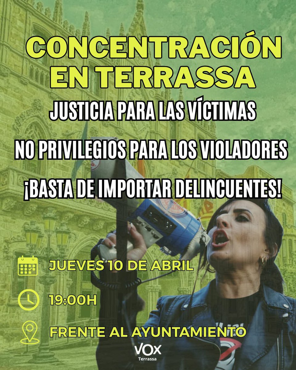 Ya basta de chusma importada.

Ya basta de impunidad para los depredadores sexuales.

Ya basta de sufrir una justicia que protege a los delincuentes y no a las víctimas.

El jueves a las 19h nos vemos frente al Ayuntamiento de Terrassa.

¡Todos somos Ana!