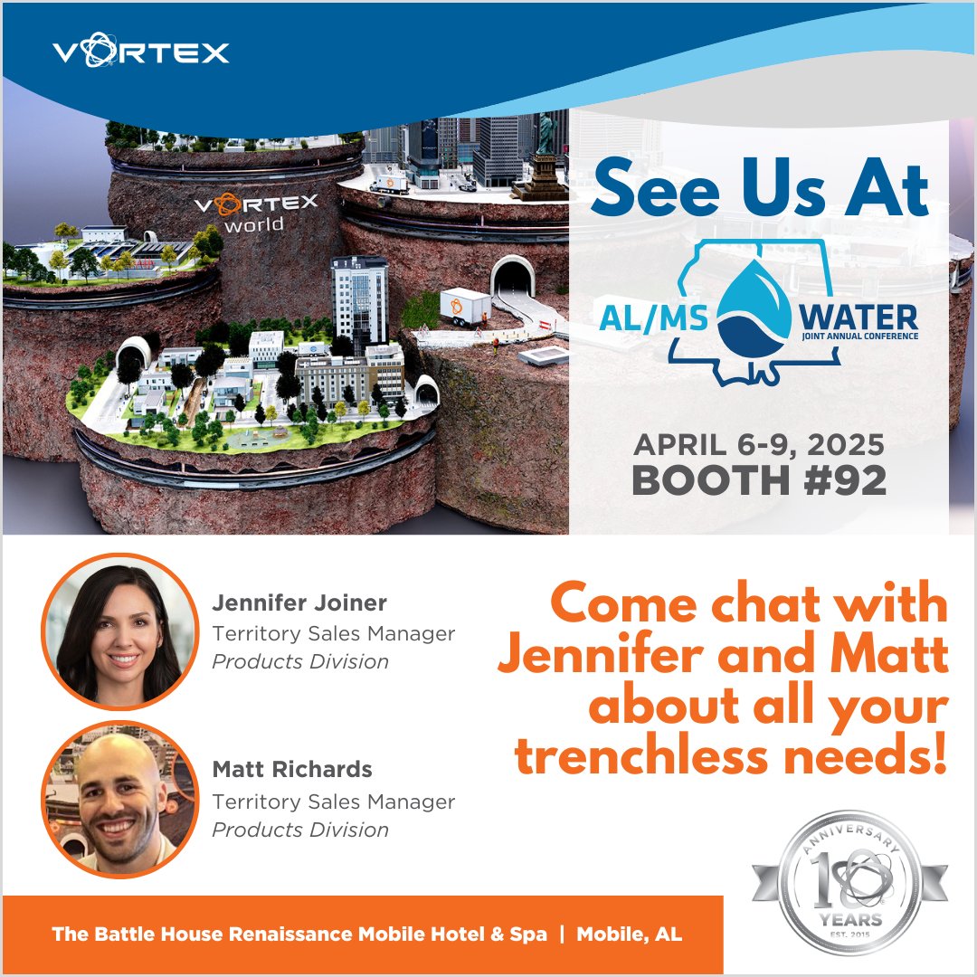 VortexCompanies's tweet image. Vortex is at the AL/MS Water Joint Conference, in Baton Rouge, now through April 9! Visit @Jennifer Joiner and @Matt Richards at booth 92 to learn what Vortex’s water and wastewater product solutions can do for you. 
#almswater2025 #nodigsolutions #Infrastructure #Vortex10