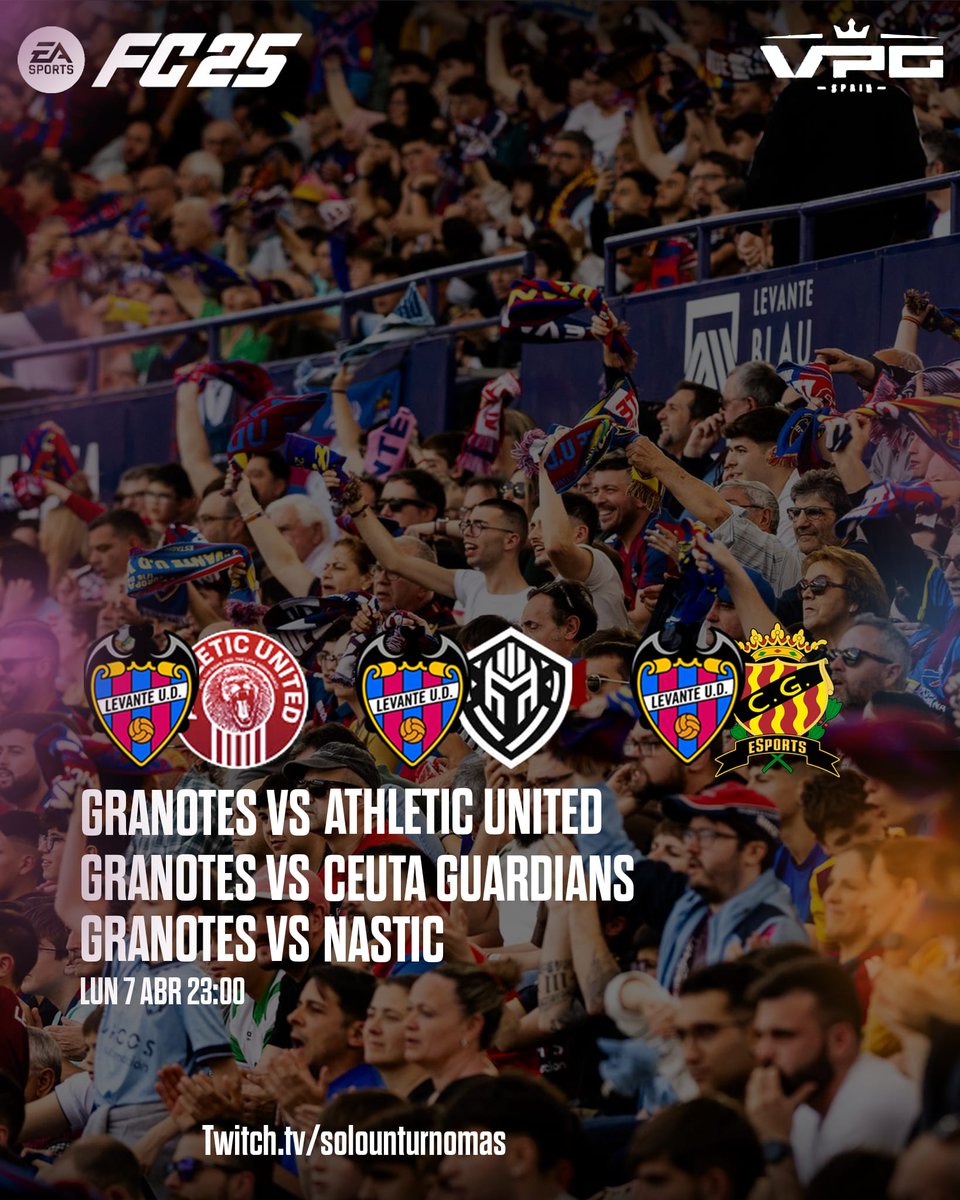 Levante UD Esports (@esportslud) on Twitter photo ¡𝐇𝐎𝐘 𝐒𝐄 𝐉𝐔𝐄𝐆𝐀! ⚽️🎮
Tenemos triple jornada en <a href="/VPG_Spain/">Virtual Pro Gaming España</a> 🔥
⏰ 23:00 vs <a href="/Athl3tic_United/">Athletic United eSports</a>
⏰ 23:20 vs <a href="/CeutaGuardians/">𝘾𝙀𝙐𝙏𝘼 𝙂𝙐𝘼𝙍𝘿𝙄𝘼𝙉𝙎</a>
⏰ 23:40 vs <a href="/NasticeSports/">Nàstic eSports</a>
¿Te lo vas a perder?
📺 Twitch.tv/solounturnomas
🎙 <a href="/solounturnomasV/">Solo un turno mas</a> ¡𝐇𝐎𝐘 𝐒𝐄 𝐉𝐔𝐄𝐆𝐀! ⚽️🎮
Tenemos triple jornada en <a href="/VPG_Spain/">Virtual Pro Gaming España</a> 🔥
⏰ 23:00 vs <a href="/Athl3tic_United/">Athletic United eSports</a>
⏰ 23:20 vs <a href="/CeutaGuardians/">𝘾𝙀𝙐𝙏𝘼 𝙂𝙐𝘼𝙍𝘿𝙄𝘼𝙉𝙎</a>
⏰ 23:40 vs <a href="/NasticeSports/">Nàstic eSports</a>
¿Te lo vas a perder?
📺 Twitch.tv/solounturnomas
🎙 <a href="/solounturnomasV/">Solo un turno mas</a>