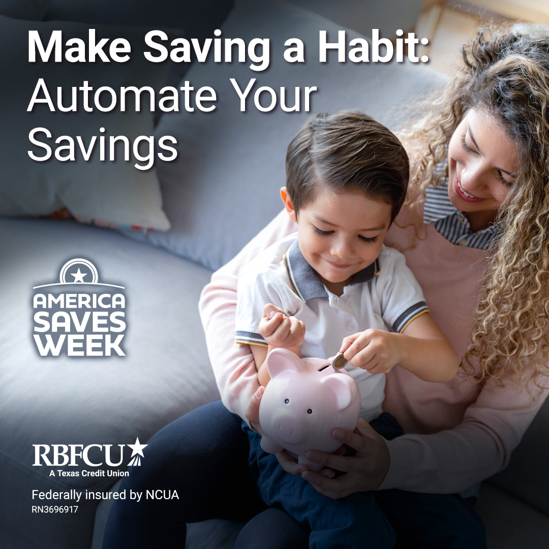 rbfcu's tweet photo. Take the stress out of saving by setting up automatic transfers to your savings account. With automatic savings, you can set it and forget it, knowing your financial goals are being met. Your future self will thank you! #SavingAutomatically #AmericaSavesWeek https://t.co/Hk4g1cmbd6