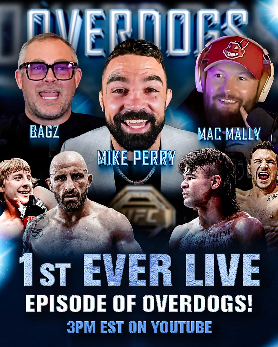 OverDogs Podcast (@overdogspodcast) on Twitter photo Today at 3pm EST, the first ever LIVE Overdogs episode with <a href="/PlatinumPerry/">Platinum Mike Perry</a>, <a href="/icebagz_/">Bagz</a> and <a href="/MacMallyMMA/">MacMally 🍀</a> goes down right here on X and our YouTube!! Come listen and chat about this weekend’s fights! 🔥🍻 #UFC314 Today at 3pm EST, the first ever LIVE Overdogs episode with <a href="/PlatinumPerry/">Platinum Mike Perry</a>, <a href="/icebagz_/">Bagz</a> and <a href="/MacMallyMMA/">MacMally 🍀</a> goes down right here on X and our YouTube!! Come listen and chat about this weekend’s fights! 🔥🍻 #UFC314