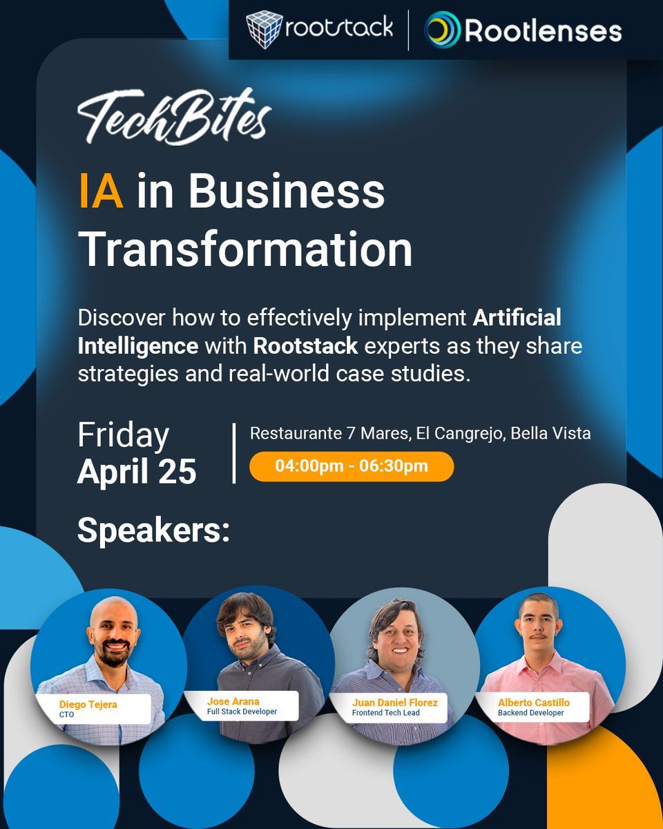rootstack's tweet image. 🚀Join us at TechBites: AI in Business Transformation and learn how to implement Artificial Intelligence from scratch with Rootstack experts.
📍 Restaurante 7 Mares, El Cangrejo, Bella Vista
🗓️ Friday, April 25th | ⏰ 4:00 PM - 6:30 PM
#TechBites #Rootstack #AIPanama