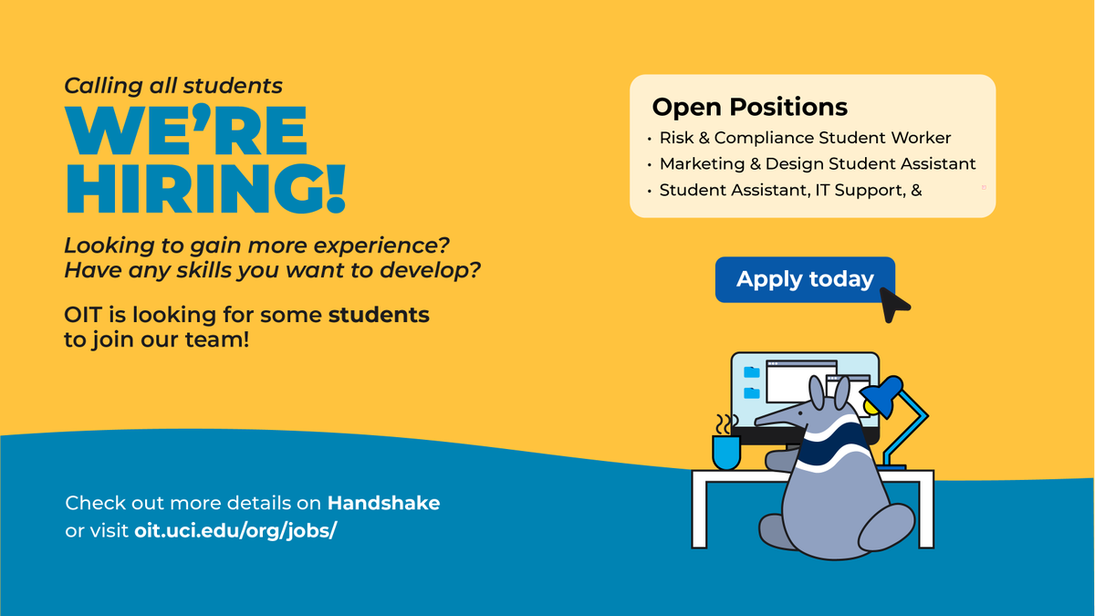 🌟 Calling all UCI Students! 🌟  

UCI OIT is hiring this December! 🚀 

Gain hands-on experience, enjoy flexible hours, &amp; work on innovative projects. Don’t miss your chance to shape the future of tech at UCI. 💼  

📌 Apply on Handshake! 

#UCI #UCIOIT #UCIJobs #Anteaters