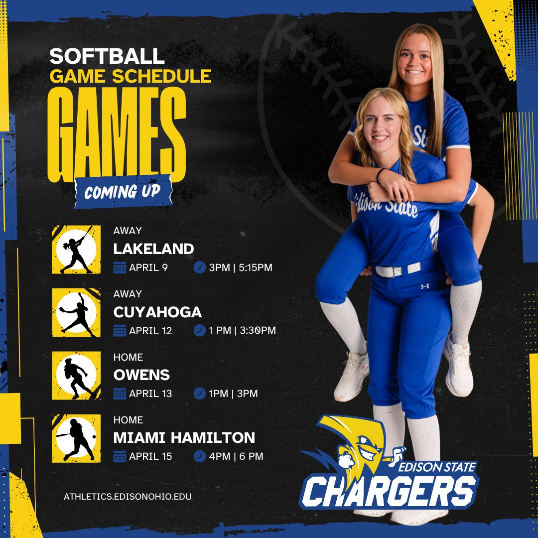 Check out these upcoming softball games! Good luck, Lady Chargers! ⚡🥎