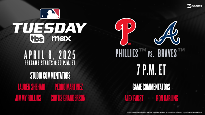 TNT Sports U.S. PR (@tntsportsus) on Twitter photo ๐จ: MLB Tuesday on TBS and <a href="/SportsonMax/">Sports on Max</a> features an NL East showdown this week!
๐๏ธ: April 8 at 7 p.m. ET
โพ๏ธ: <a href="/Phillies/">Philadelphia Phillies</a> vs. <a href="/Braves/">Atlanta Braves</a>
๐: <a href="/TruistPark/">Truist Park</a>
๐๏ธ: <a href="/alex_faust/">AlexFaustTNT</a> and Ron Darling
<a href="/45PedroMartinez/">Pedro Martinez</a> <a href="/JimmyRollins11/">JIMMY ROLLINS</a> <a href="/cgrand3/">Curtis Granderson</a> & <a href="/LaurenShehadi/">Lauren Shehadi</a> at 6:30 p.m. for pregame coverage ๐จ: MLB Tuesday on TBS and <a href="/SportsonMax/">Sports on Max</a> features an NL East showdown this week!
๐๏ธ: April 8 at 7 p.m. ET
โพ๏ธ: <a href="/Phillies/">Philadelphia Phillies</a> vs. <a href="/Braves/">Atlanta Braves</a>
๐: <a href="/TruistPark/">Truist Park</a>
๐๏ธ: <a href="/alex_faust/">AlexFaustTNT</a> and Ron Darling
<a href="/45PedroMartinez/">Pedro Martinez</a> <a href="/JimmyRollins11/">JIMMY ROLLINS</a> <a href="/cgrand3/">Curtis Granderson</a> & <a href="/LaurenShehadi/">Lauren Shehadi</a> at 6:30 p.m. for pregame coverage