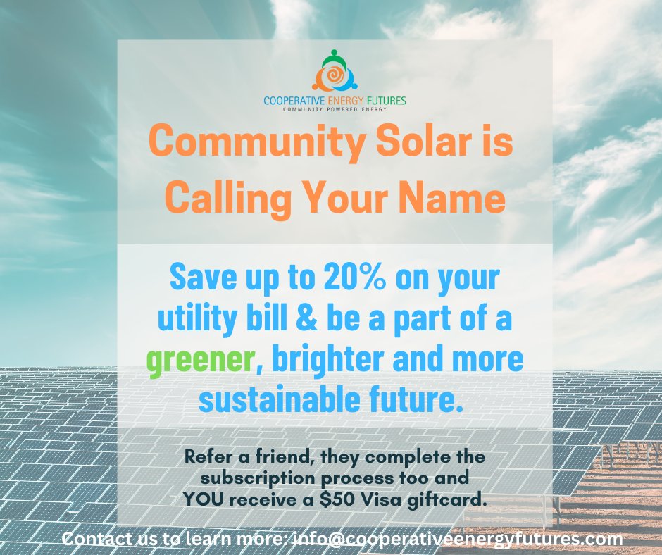 🌞 We’ve got 3 community solar gardens that need to be filled by mid-April — and this is your last chance to subscribe for over a year!

Refer a friend and get a $50 Visa gift card when they subscribe!