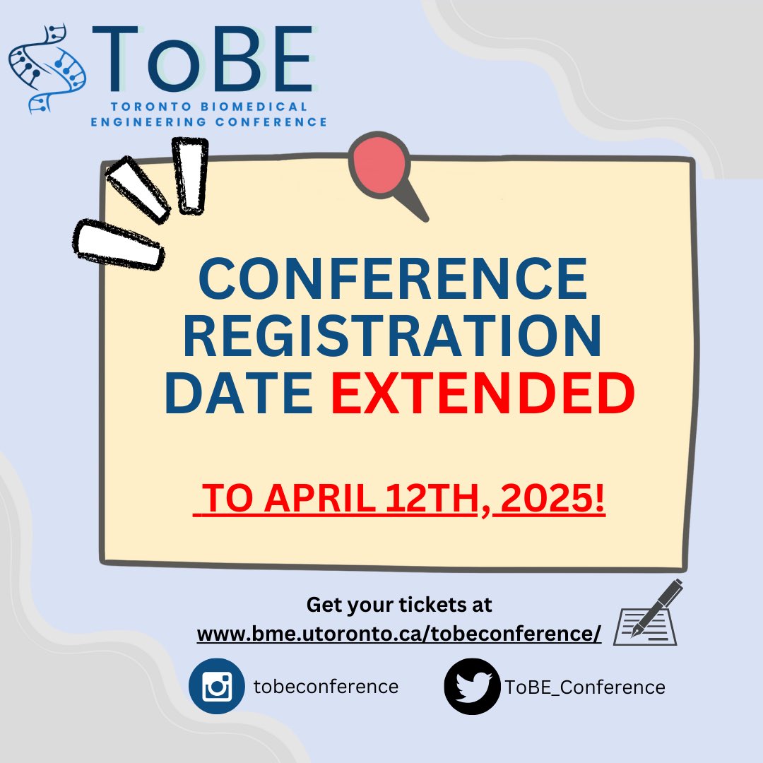 🚨Attention BME students 🚨
The #ToBE2025 conference registration deadline is extended to April 12th! Don’t miss this chance to immerse in a full day of poster presentations, talks, and workshops on the forefront of biomedical innovation and technology!