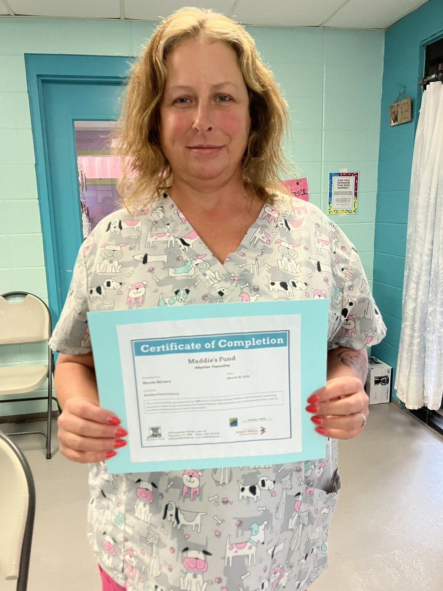 MCAR828's tweet photo. Congratulations to team member Nicole for completing a training course on Adoption Counseling through Maddie’s Fund. MCAR is dedicated to our team’s training. We have several other upcoming training classes. Thanks Nicole for your dedication to the pets of MCAR. #ourstaffrocks https://t.co/iLVrvma8xT