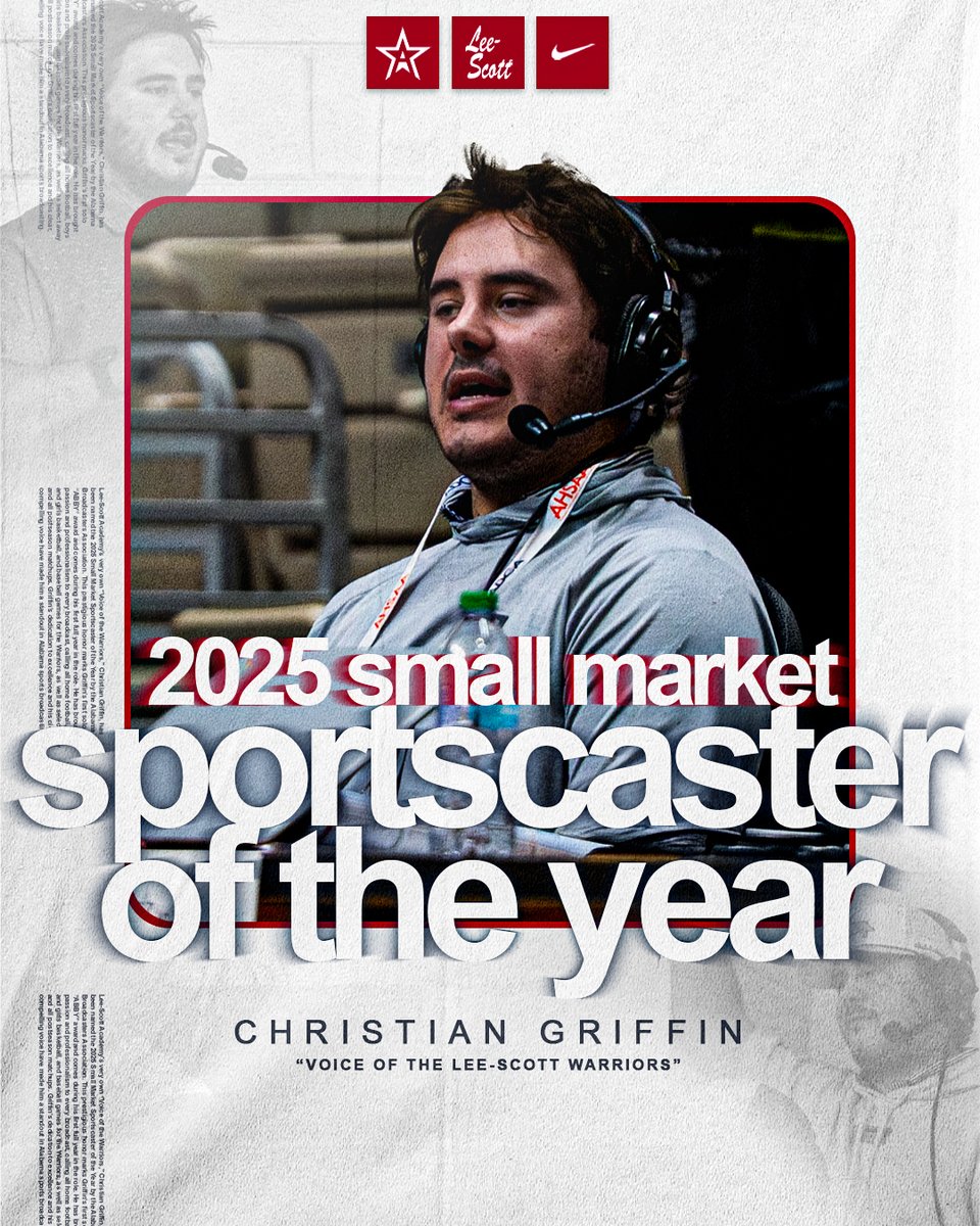 Lee-Scott Academy Athletics (@lsa_warriors) on Twitter photo Congratulations to "Voice of the Warriors" <a href="/C_Griff01/">Christian Griffin</a> for being named the 2025 Small Market Sportscaster of the Year by the Alabama Broadcasters Association! We're proud to have him as one of ours.
#HailAcademy🍢 Congratulations to "Voice of the Warriors" <a href="/C_Griff01/">Christian Griffin</a> for being named the 2025 Small Market Sportscaster of the Year by the Alabama Broadcasters Association! We're proud to have him as one of ours.
#HailAcademy🍢