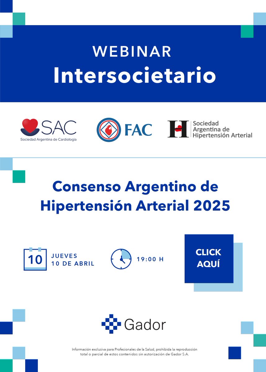 📢Los invitamos el jueves 10 de abril a las 19:00 hs. (ARG). WEBINAR Intersocietario - Consenso Argentino de Hipertensión Arterial 2025

Link 💻: teams.microsoft.com/dl/launcher/la…