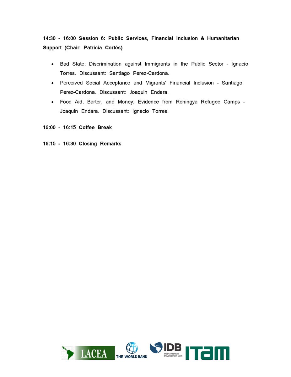 Conferencia sobre migración.

📅jueves 10 (8:30am a 7pm) y viernes 11 (9am a 4:30pm) de abril, 

🏢Santa Teresa

Organiza el World Bank, BID e ITAM.

<a href="/antobandiera_/">Antonella Bandiera</a> <a href="/polprof13/">Alexandra Uribe (ella/she)</a> <a href="/HLarreguy/">Horacio Larreguy</a>  <a href="/RRII_ITAM/">Relaciones Internacionales ITAM</a> <a href="/Derecho_ITAM/">Derecho ITAM</a> <a href="/EconomiaITAM_/">Economía ITAM</a> 

Revisa el programa👇
