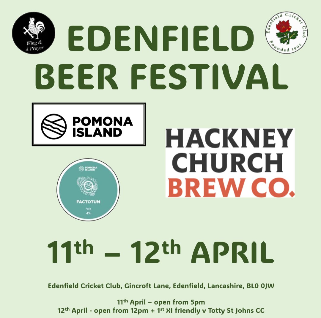 Edenfield CC (@edenfieldcc) on Twitter photo 4 days till the beer festival 🍻
Another 2 beers signed up. <a href="/PomonaIsland/">Pomona Island</a> all day IPA factotum 4%
& Sprout from <a href="/hackneychurchbc/">Hackney Church Brew Co.</a> a 6.6% Belgian Blonde 4 days till the beer festival 🍻
Another 2 beers signed up. <a href="/PomonaIsland/">Pomona Island</a> all day IPA factotum 4%
& Sprout from <a href="/hackneychurchbc/">Hackney Church Brew Co.</a> a 6.6% Belgian Blonde