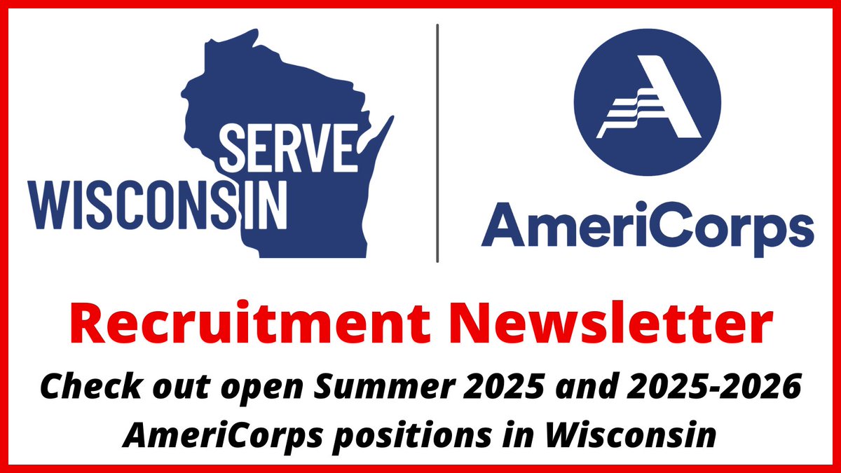 Serve Wisconsin (@servewisconsin) on Twitter photo If you want to make a difference through <a href="/AmeriCorps/">AmeriCorps</a> service here in Wisconsin, check out open positions during remainder of 2024-25 program year or upcoming 2025-2026 program year with #WIAmeriCorps programs throughout the state.
Recruitment Newsletter: conta.cc/42xJZb0 If you want to make a difference through <a href="/AmeriCorps/">AmeriCorps</a> service here in Wisconsin, check out open positions during remainder of 2024-25 program year or upcoming 2025-2026 program year with #WIAmeriCorps programs throughout the state.
Recruitment Newsletter: conta.cc/42xJZb0