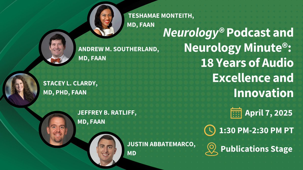 Neurology Journal (@greenjournal) on Twitter photo Join the Neurology® Podcast & Neurology Minute® editors today at #AANAM for an exclusive behind-the-scenes look at what it takes to produce as much weekly audio content as a bustling newsroom from 1:30-2:30 PM PT @ Publications Stage.
<a href="/StaceyLClardy/">Stacey Clardy MD PhD</a> <a href="/DrJeffRatliff/">Jeff Ratliff, MD, FAAN</a> <a href="/headacheMD/">Teshamae Monteith, M.D.</a> Join the Neurology® Podcast & Neurology Minute® editors today at #AANAM for an exclusive behind-the-scenes look at what it takes to produce as much weekly audio content as a bustling newsroom from 1:30-2:30 PM PT @ Publications Stage.
<a href="/StaceyLClardy/">Stacey Clardy MD PhD</a> <a href="/DrJeffRatliff/">Jeff Ratliff, MD, FAAN</a> <a href="/headacheMD/">Teshamae Monteith, M.D.</a>