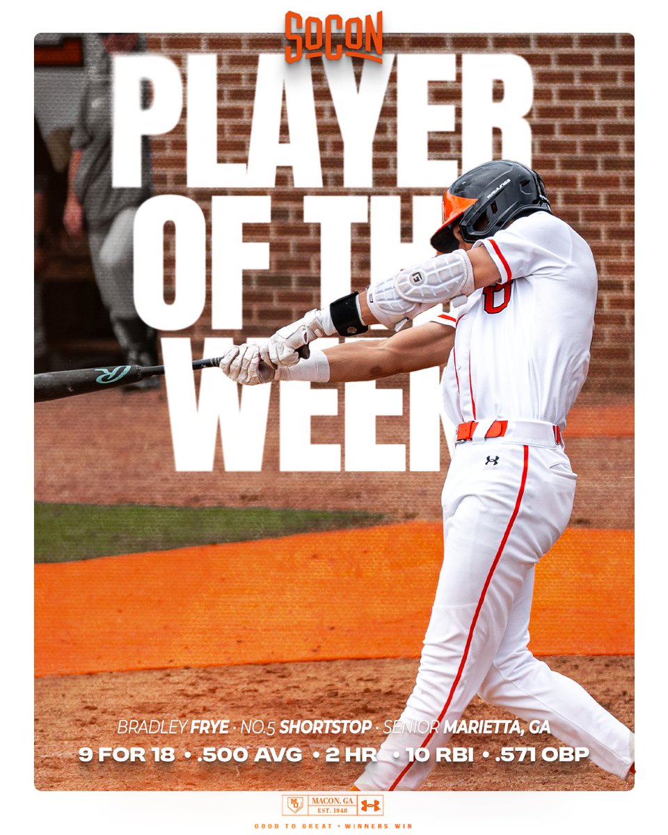 Mercer Baseball (@mercerbaseball) on Twitter photo 𝐍𝐨𝐭 𝐛𝐚𝐝, 𝐁𝐫𝐚𝐝 😏
Another huge week earns <a href="/BradleyFrye01/">Bradley Frye</a> his second SoCon Player of the Week honor of the season!
🗞️: bit.ly/3FWI9HX
#GoodToGreat | #WinnersWin 𝐍𝐨𝐭 𝐛𝐚𝐝, 𝐁𝐫𝐚𝐝 😏
Another huge week earns <a href="/BradleyFrye01/">Bradley Frye</a> his second SoCon Player of the Week honor of the season!
🗞️: bit.ly/3FWI9HX
#GoodToGreat | #WinnersWin