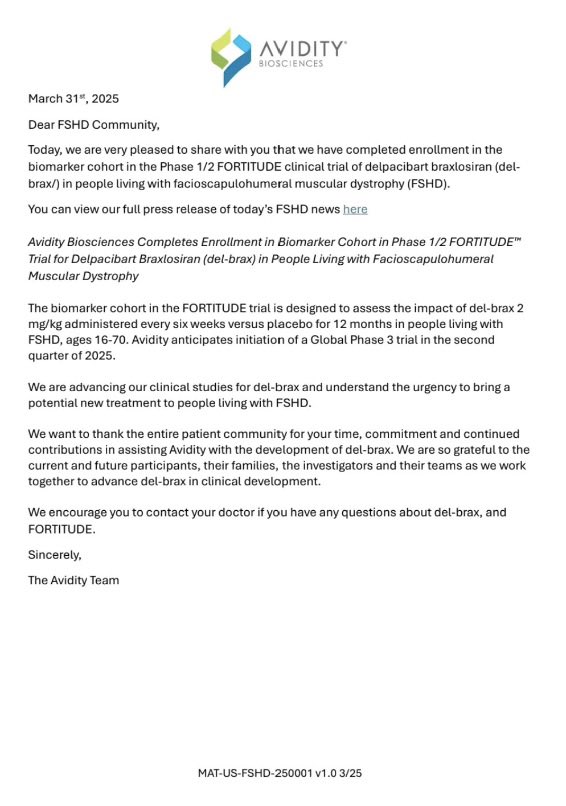 FSHD UK is delighted to share the news: Avidity Biosciences Completes Enrolment in Biomarker Cohort in Phase 1/2 FORTITUDE Trial for Delpacibart Braxlosiran (del-brax).