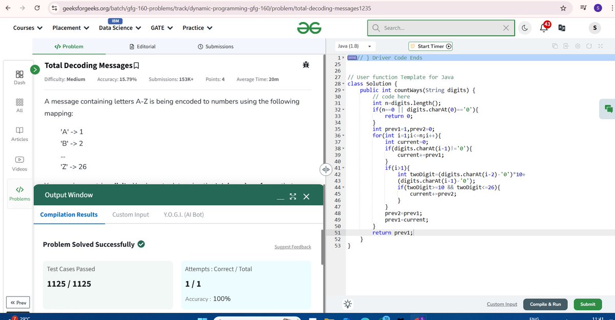 Day 129/160 of #geekstreak2024 by
@geeksforgeek
Question :Total Decoding Messages #geekstreak2024 #womenintech