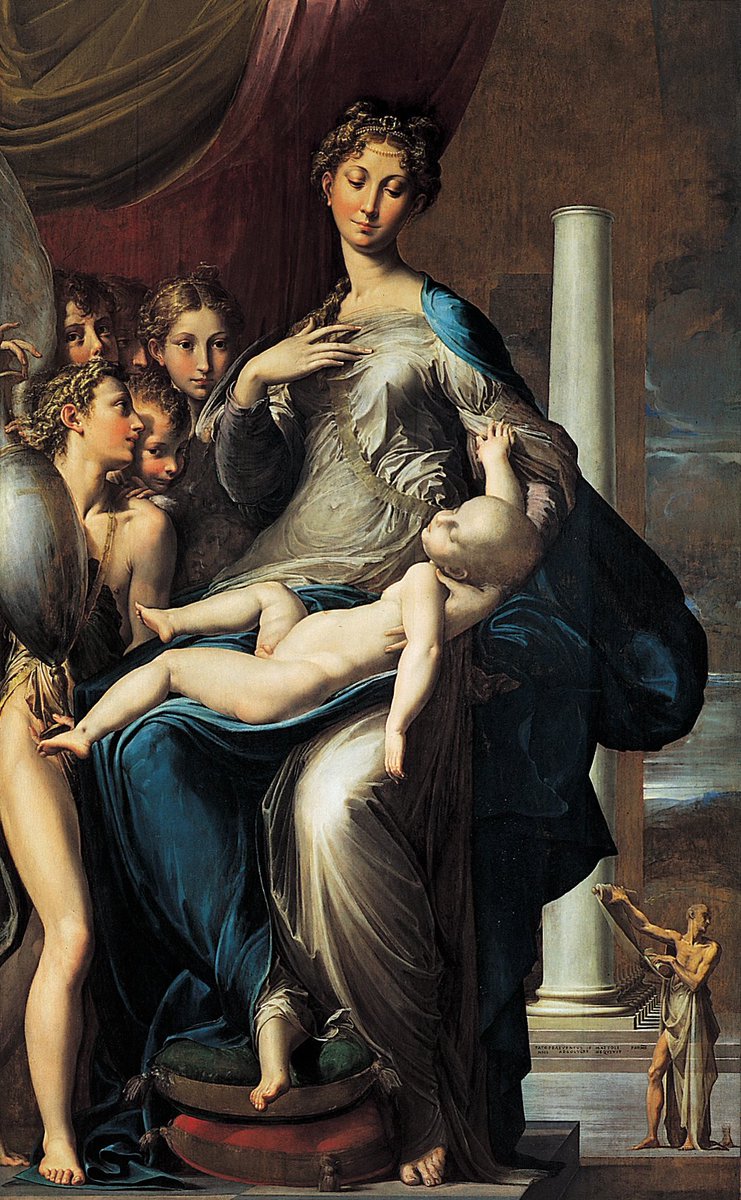 Virgen del largo cuello.
Óleo sobre lienzo, manierismo italiano del siglo XVI.
Cuando Il Parmigianino utilizó lentes creando formas alargadas, desproporciones, ondulaciones y la 'línea serpentinata'...
Composiciones contrapuestas al Renacimiento clásico y anunciando el Barroco..