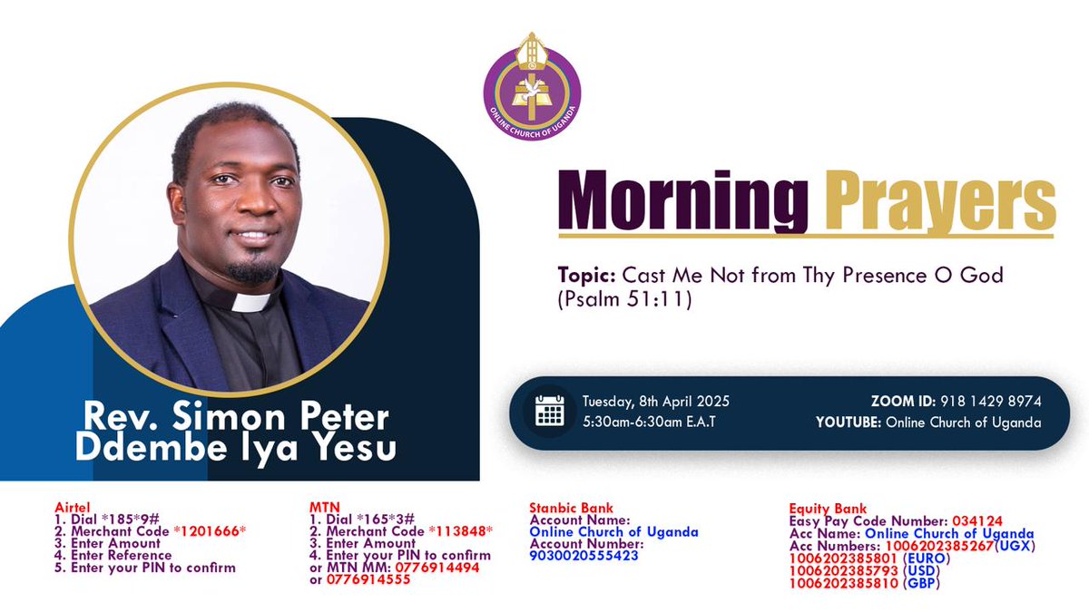 DrGereshom's tweet photo. https://t.co/tT289HDvl5

Here is another morning to pray together as a family @online church of Uganda, with Rev. Simon Dembe in the lead 5:30-6:30am https://t.co/tBREU4Lx49