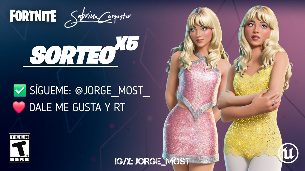 Jorge_Most (@jorge_most_) on Twitter photo 🎁 SORTEO 5 SKINS DE SABRINA CARPENTER:
✅ Sígueme: <a href="/Jorge_Most_/">Jorge_Most</a>
❤️ Dale Me Gusta y RT.
⏰ Durará menos de 48 horas, puedes elegir la skin del pase o la de la tienda, suerte a todos bros y gracias por vuestro apoyo 💘
#Fortnite 🎁 SORTEO 5 SKINS DE SABRINA CARPENTER:
✅ Sígueme: <a href="/Jorge_Most_/">Jorge_Most</a>
❤️ Dale Me Gusta y RT.
⏰ Durará menos de 48 horas, puedes elegir la skin del pase o la de la tienda, suerte a todos bros y gracias por vuestro apoyo 💘
#Fortnite