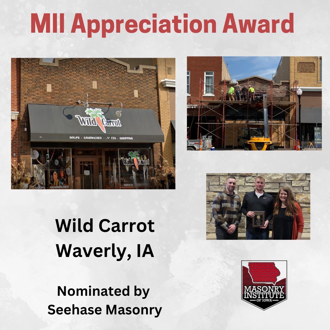 Congratulations to Wild Carrot for being awarded a MII Appreciation Award last week. Seehase Masonry nominated this renovation project. #congratulations #masonryiniowa #appreciationaward