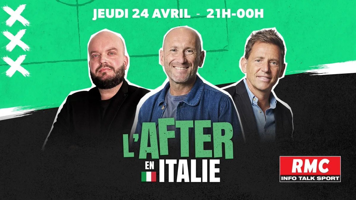 After Foot RMC (@afterrmc) on Twitter photo 🚨 𝐋'𝐀𝐟𝐭𝐞𝐫 𝐬𝐞 𝐝é𝐩𝐥𝐚𝐜𝐞 𝐞𝐧 𝐈𝐭𝐚𝐥𝐢𝐞 !
🇮🇹 <a href="/gilbertbrisbois/">Gilbert Brisbois</a>, <a href="/DanielRiolo/">Daniel Riolo</a>, <a href="/johanncrochet/">Johann Crochet</a> et des invités exceptionnels seront en direct du Palais Farnèse le jeudi 24 avril de 21h à 00h.
Pour participer à l'émission inscrivez-vous gratuitement▶️ 🚨 𝐋'𝐀𝐟𝐭𝐞𝐫 𝐬𝐞 𝐝é𝐩𝐥𝐚𝐜𝐞 𝐞𝐧 𝐈𝐭𝐚𝐥𝐢𝐞 !
🇮🇹 <a href="/gilbertbrisbois/">Gilbert Brisbois</a>, <a href="/DanielRiolo/">Daniel Riolo</a>, <a href="/johanncrochet/">Johann Crochet</a> et des invités exceptionnels seront en direct du Palais Farnèse le jeudi 24 avril de 21h à 00h.
Pour participer à l'émission inscrivez-vous gratuitement▶️
