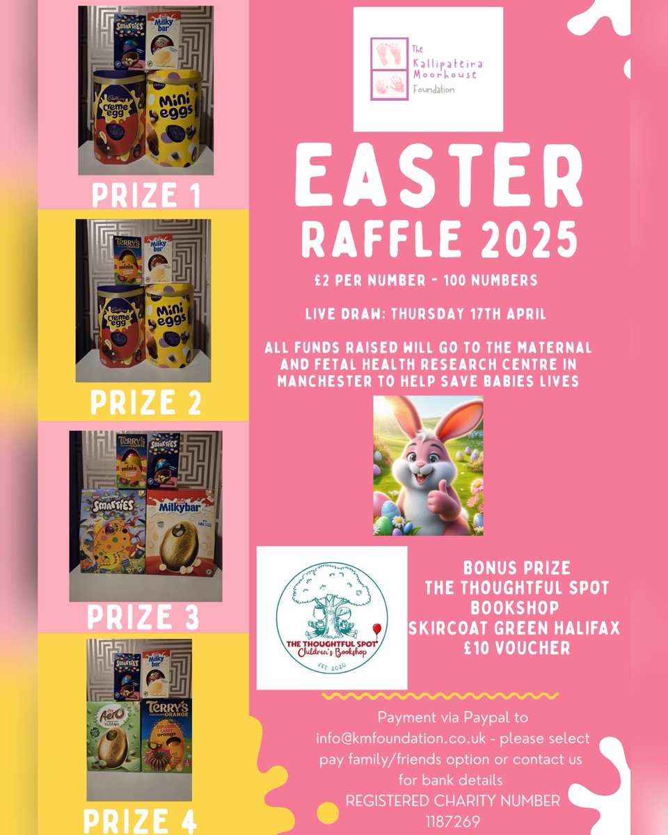 BONUS PRIZE NOW ADDED!🐣📖
<a href="/thghtflsptbooks/">The Thoughtful Spot Children's Bookshop</a> have kindly donated our Easter Raffle bonus prize of a £10 voucher. Thank you Amy for your support.
Please join in at just £2 per number. 
Payment via Paypal ( friends option) to info@kmfoundation.co.uk or contact us for bank details.