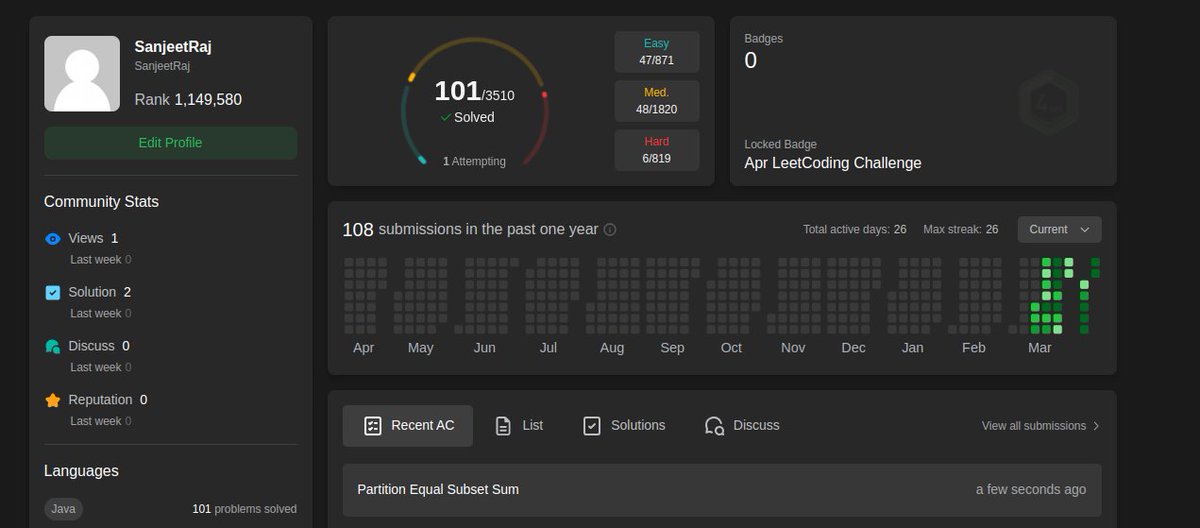 SanjeetRaj04's tweet image. &quot;25 days into LeetCode and hit 101 questions! Consistency is at an all-time high 💪 #LeetCode #100QuestionsChallenge&quot;.
