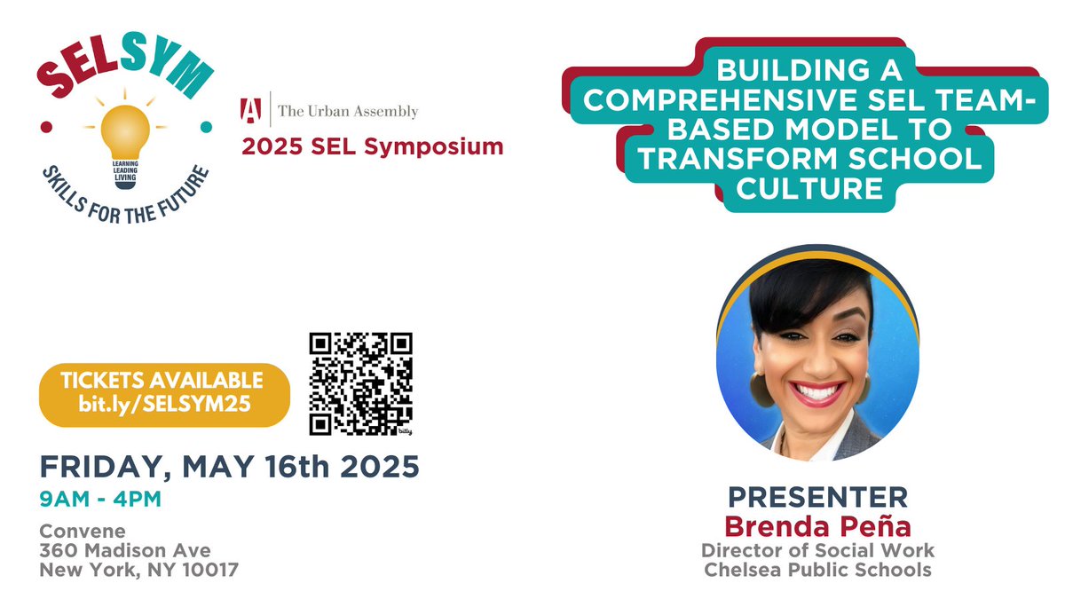 Urban Assembly (@urbanassembly) on Twitter photo SEL Symposium Session Alert! 🚨 
Don't miss Brenda Peña, Director of Social Work at Chelsea Public Schools, as she shares insights on building a comprehensive SEL team-based model to transform school culture! 
Get your tickets now: bit.ly/SELSYM25 SEL Symposium Session Alert! 🚨 
Don't miss Brenda Peña, Director of Social Work at Chelsea Public Schools, as she shares insights on building a comprehensive SEL team-based model to transform school culture! 
Get your tickets now: bit.ly/SELSYM25