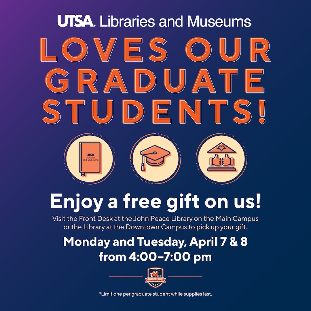 Hey, Grad Runners! 👋
It’s your week to shine — Graduate Student Appreciation Week is here! ✨

Swing by JPL or the Downtown Library and snag your free gift while supplies last. 🎁 You’ve earned it! Details on the graphic below.

#UTSA #UTSAGradSchool #GSAW
