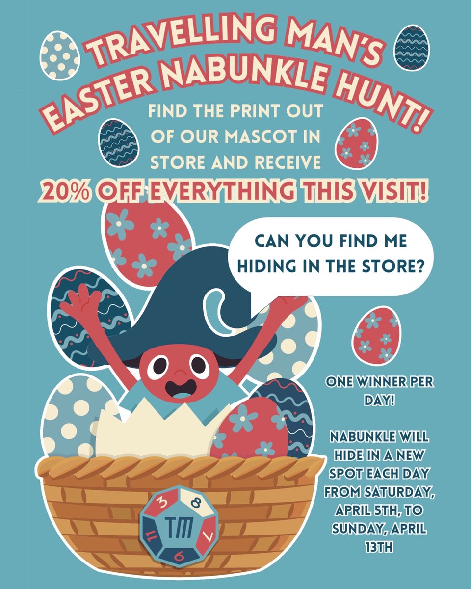 Travelling Man’s Easter Nabunkle Hunt! 🐣Running until Sunday the 13th! Win 20% off to spend on the day in store, all you have to do is find the print out of our mascot Nabunkle - which will be hidden somewhere in the shop. 

#deal #promotion #localgamesstore