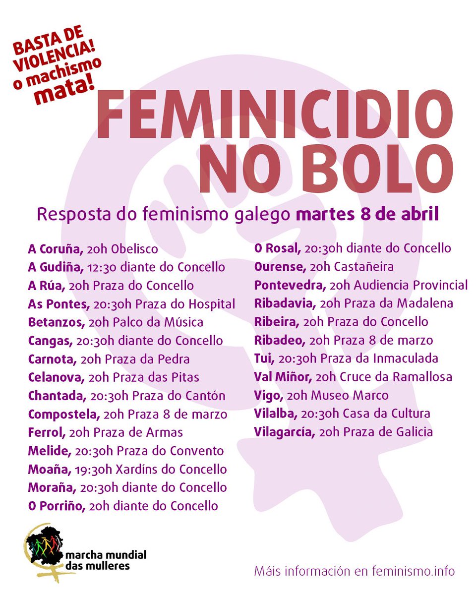 MMMGaliza's tweet image. [ Actualizamos ] 🔴 ALERTA FEMINICIDIO! 🔴 Sumamos máis mobilizacións convocadas polo feminismo galego en resposta ao feminicidio no Bolo.

Nin un paso atrás coa violencia machista! 

+info en feminismo.info

#machismoMata #feminicidio #ViolenciaMachista