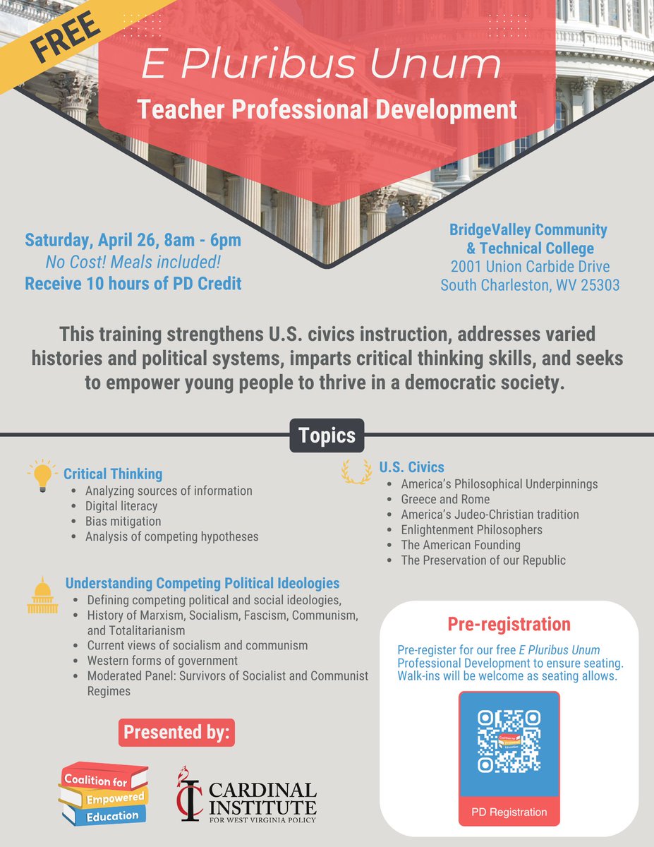 Tiffany Hoben (@taoneal) on Twitter photo 🚨 Teachers - Parents - Co-ops - Microschools! Join us for a FREE professional development event focused on strengthening U.S. civics instruction. 🚨
🗓️ Saturday, April 26 | 8am–6pm
 📍 BridgeValley Community & Technical College, South Charleston, WV
 🍽️ Meals included! | 🎓 10 🚨 Teachers - Parents - Co-ops - Microschools! Join us for a FREE professional development event focused on strengthening U.S. civics instruction. 🚨
🗓️ Saturday, April 26 | 8am–6pm
 📍 BridgeValley Community & Technical College, South Charleston, WV
 🍽️ Meals included! | 🎓 10