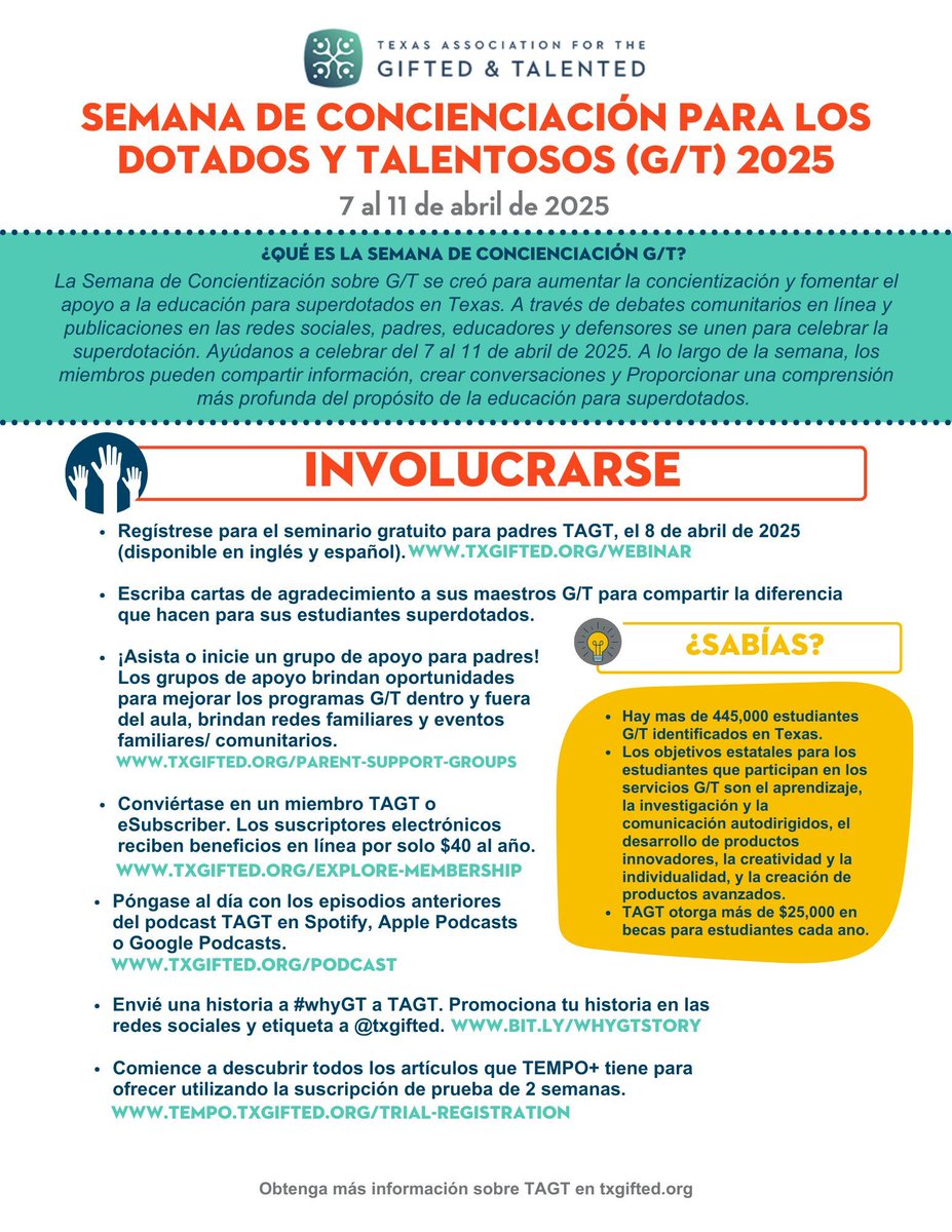 Are you a parent of a G/T student seeking advocacy tips? TAGT offers a Celebration Guide with ways to support gifted students and celebrate G/T Awareness Week. Also available in Spanish! txgifted.org/gtawarenessweek #whyGT #GTweek #TAGT