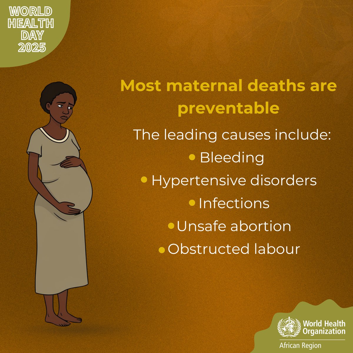 WHO African Region (@whoafro) on Twitter photo Healthy mothers build healthy nations.
Up to 77% of maternal deaths in Africa are caused by direct factors like bleeding, infection, unsafe abortion, and obstructed labour.
We must strengthen health systems to deliver care when it’s needed most.
#HopefulFutures
#WorldHealthDay Healthy mothers build healthy nations.
Up to 77% of maternal deaths in Africa are caused by direct factors like bleeding, infection, unsafe abortion, and obstructed labour.
We must strengthen health systems to deliver care when it’s needed most.
#HopefulFutures
#WorldHealthDay