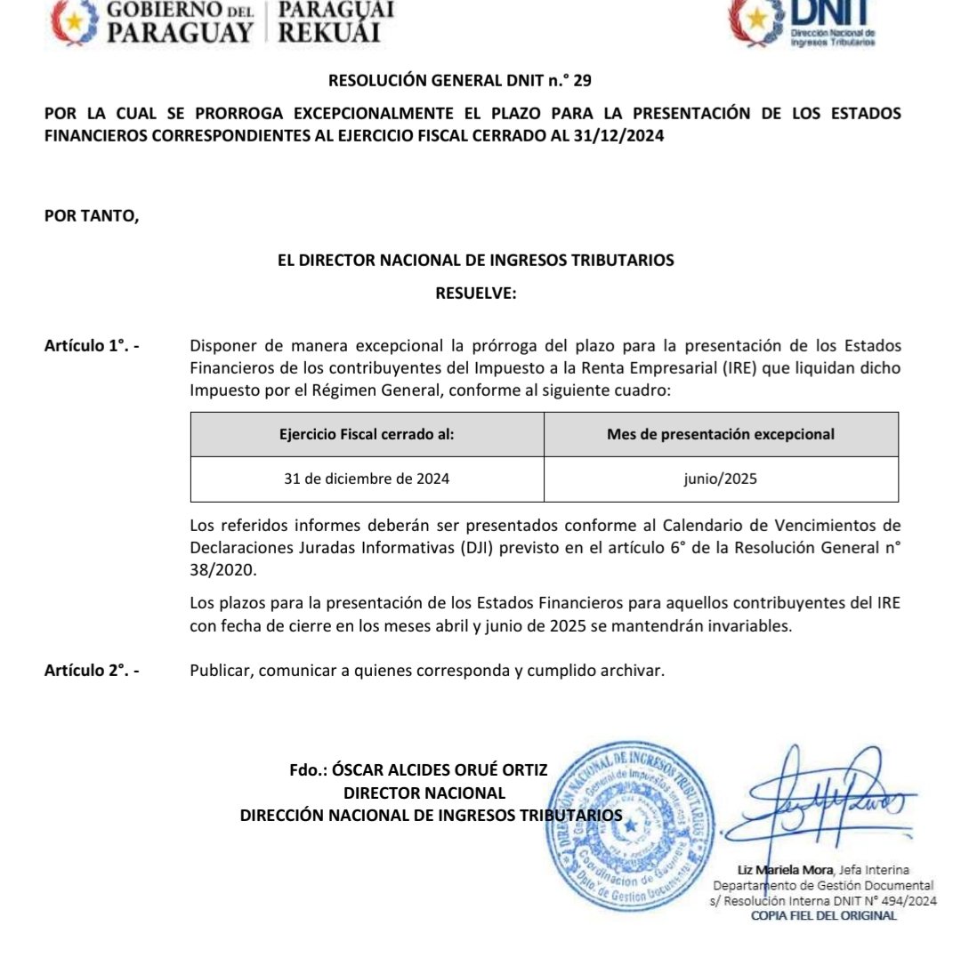 He firmado la Resolución N° 29 en la cual dispuse de manera excepcional la prórroga del plazo para la presentación de los Estados Financieros de los contribuyentes del IRE a junio de 2025 conforme a la solicitud del gremio de contadores.