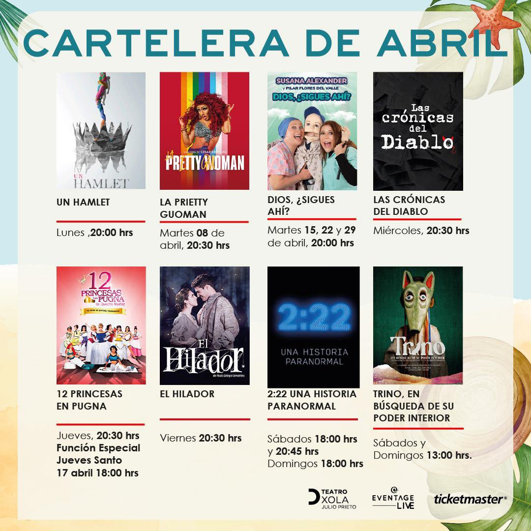¡Abril llega y queremos llenar sus días de teatro!

Así que les compartimos la cartelera para que nos visiten en sus obras favoritas.

¡Los esperamos!