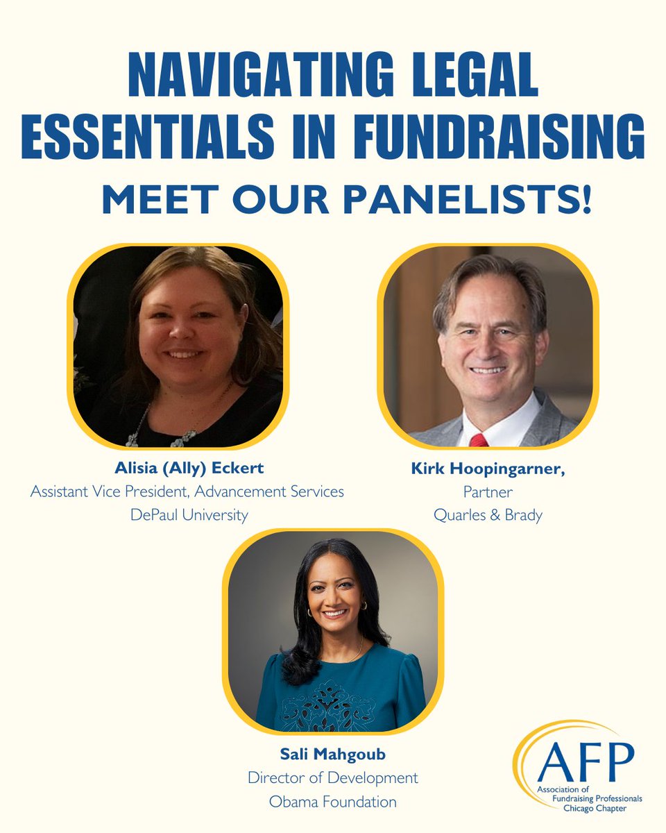 afpchicago's tweet photo. We’re excited to welcome three powerhouse professionals who will share their expertise in legal and strategic approaches to fundraising. 
Don’t miss out on their insights, and register now to join us in person or virtually: 🔗 https://t.co/GoszgYnKvi https://t.co/u4Qf4ugDcO
